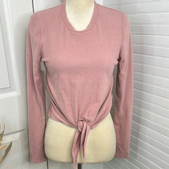 WAYF Women's Pink Tie Front Crew Neck Blouse Size S Long Sleeve Casual Ribbed - Picture 10 of 11